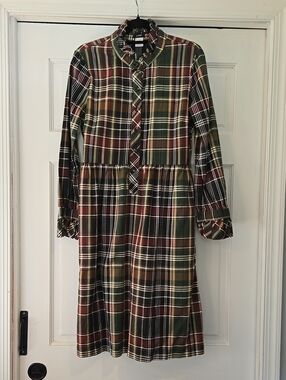 J. Crew Plaid Long-Sleeve Midi Dress in Green, Brown and Cream